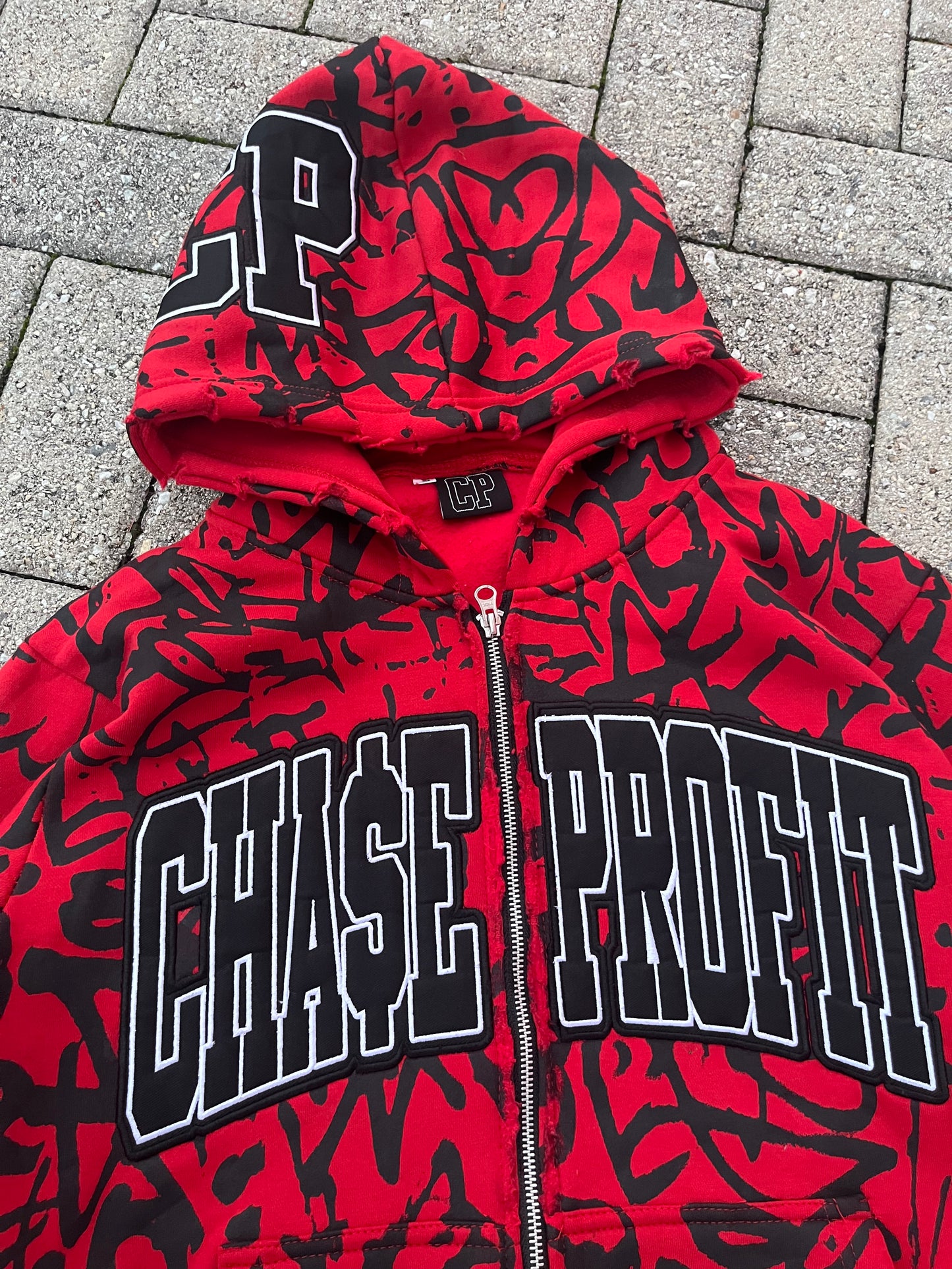 Red Signature Distressed Zip Up Hoodie