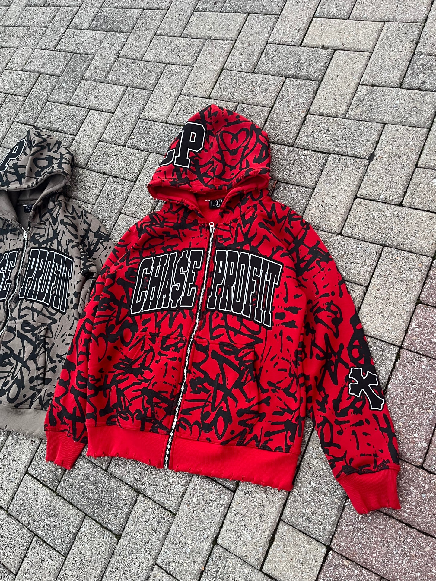 Red Signature Distressed Zip Up Hoodie