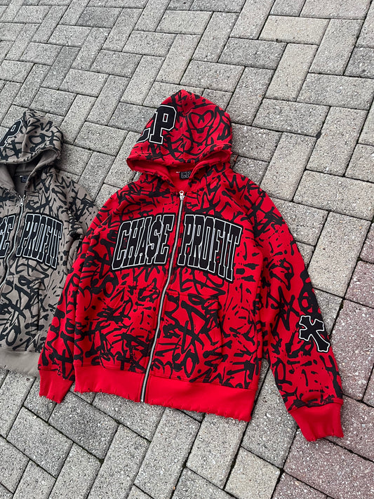 Red Signature Distressed Zip Up Hoodie