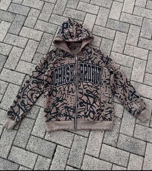 Grey Signature Distressed Zip Up Hoodie