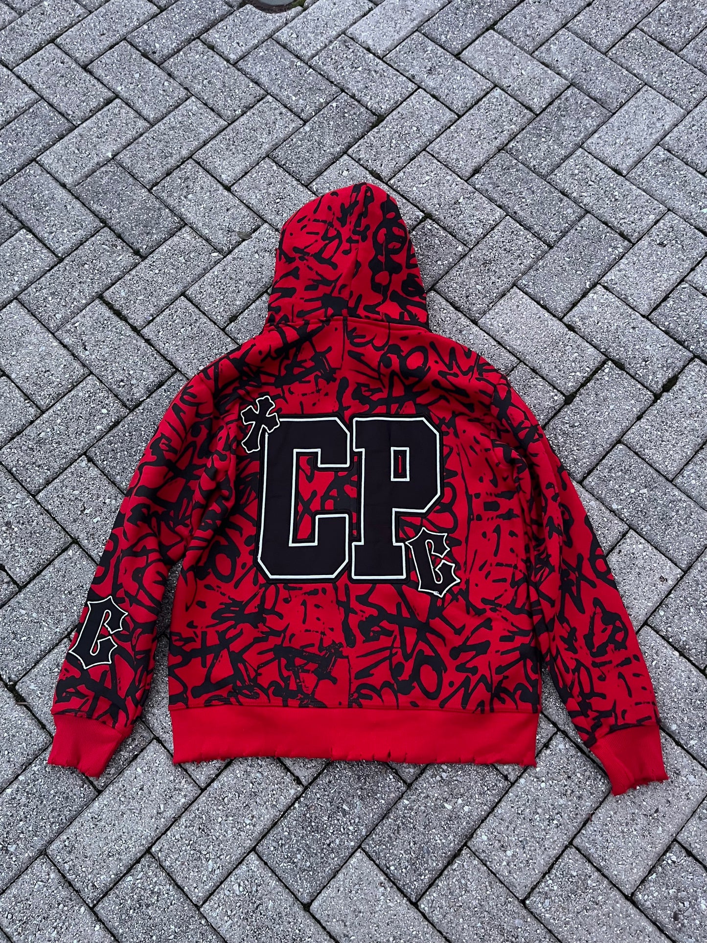 Red Signature Distressed Zip Up Hoodie