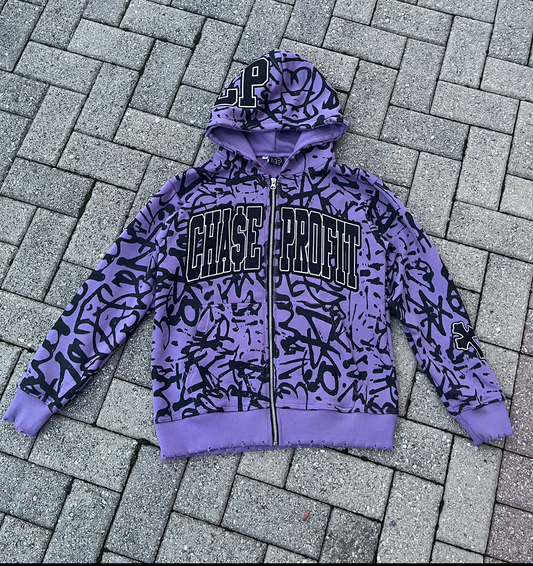Purple Signature Distressed Zip Up Hoodie